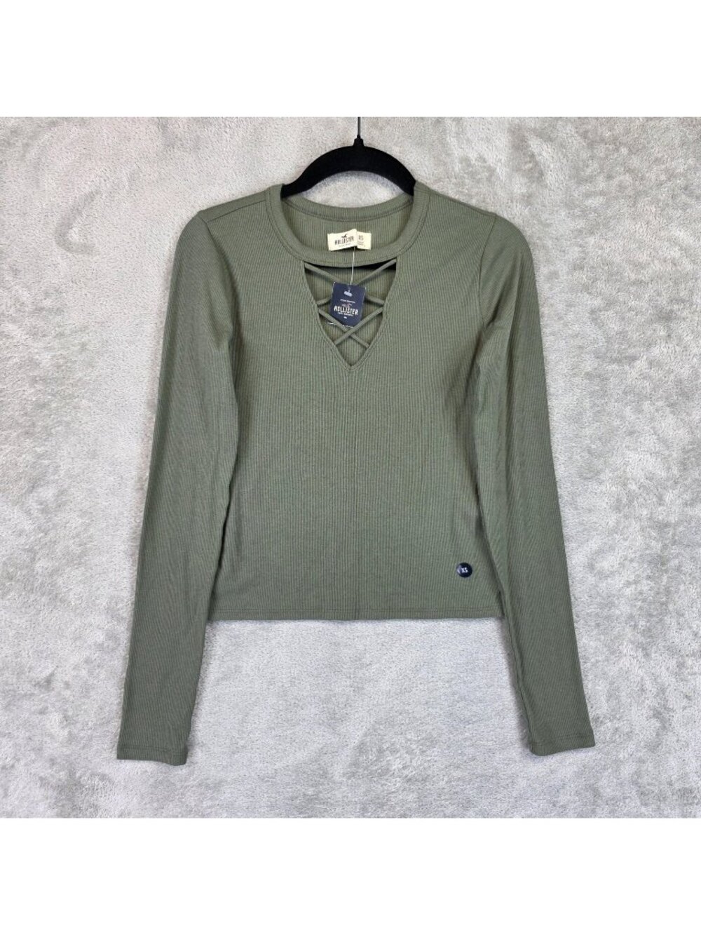 Hollister T-Shirt Womens XS Green V Neck Long Sleeve Lattice Front Ribbed